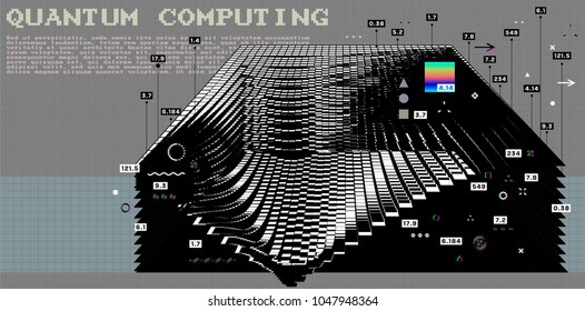 Quantum computing, deep learning artificial intelligence, signal cryptography infographic vector illustrations. Big data algorithms visualization for business, science presentations, posters, covers