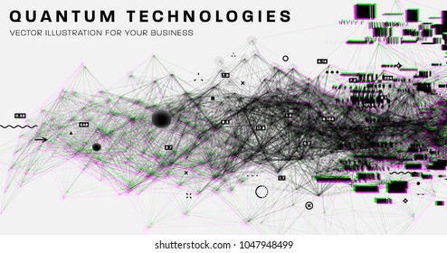 Quantum computing, deep learning artificial intelligence, signal cryptography infographic vector illustrations. Big data algorithms visualization for business, science presentations, posters, covers