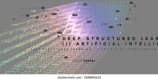 Quantum computing, deep learning artificial intelligence, signal cryptography infographic vector illustrations. Big data algorithms visualization for business, science presentations, posters, covers