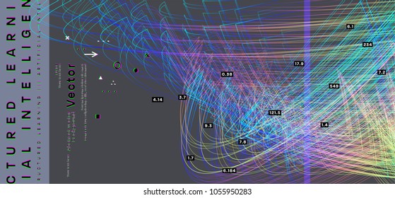 Quantum computing, deep learning artificial intelligence, signal cryptography infographic vector illustrations. Big data algorithms visualization for business, science presentations, posters, covers