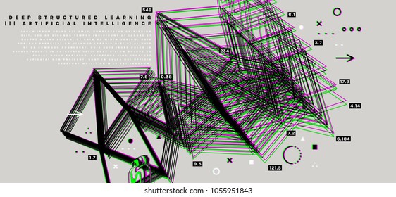 Quantum computing, deep learning artificial intelligence, signal cryptography infographic vector illustrations. Big data algorithms visualization for business, science presentations, posters, covers