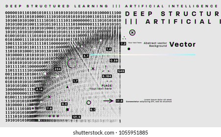 Quantum computing, deep learning artificial intelligence, signal cryptography infographic vector illustrations. Big data algorithms visualization for business, science presentations, posters, covers