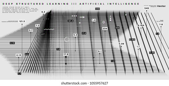 Quantum computing, deep learning artificial intelligence, signal cryptography infographic vector illustrations. Big data algorithms visualization for business, science presentations, posters, covers