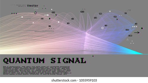Quantum computing, deep learning artificial intelligence, signal cryptography infographic vector illustrations. Big data algorithms visualization for business, science presentations, posters, covers