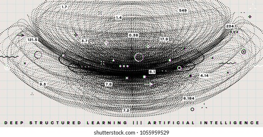 Quantum computing, deep learning artificial intelligence, signal cryptography infographic vector illustrations. Big data algorithms visualization for business, science presentations, posters, covers