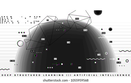 Quantum computing, deep learning artificial intelligence, signal cryptography infographic vector illustrations. Big data algorithms visualization for business, science presentations, posters, covers