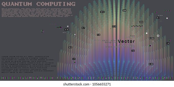 Quantum computing, deep learning artificial intelligence, signal cryptography infographic vector illustrations. Big data algorithms visualization for business, science presentations, posters, covers