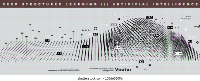 Quantum computing, deep learning artificial intelligence, signal cryptography infographic vector illustrations. Big data algorithms visualization for business, science presentations, posters, covers