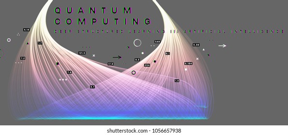 Quantum computing, deep learning artificial intelligence, signal cryptography infographic vector illustrations. Big data algorithms visualization for business, science presentations, posters, covers