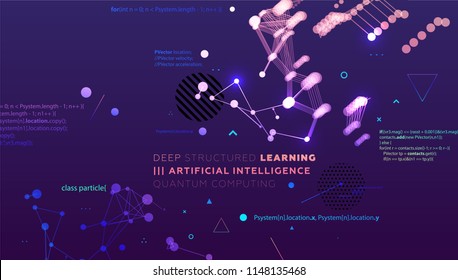 Quantum computing, deep learning artificial intelligence, signal cryptography infographic vector illustrations. Big data algorithms visualization for business, science presentations, posters, covers