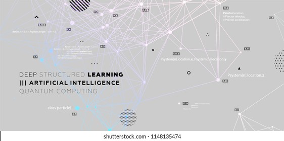 Quantum computing, deep learning artificial intelligence, signal cryptography infographic vector illustrations. Big data algorithms visualization for business, science presentations, posters, covers