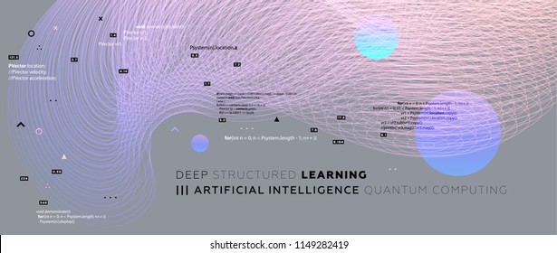 Quantum computing, deep learning artificial intelligence, signal cryptography infographic vector illustrations. Big data algorithms visualization for business, science presentations, posters, covers