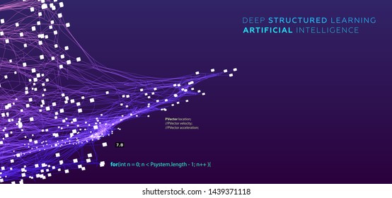 Quantum computing, deep learning artificial intelligence, signal cryptography infographic vector illustrations. Big data algorithms visualization for business, science presentations, posters, covers