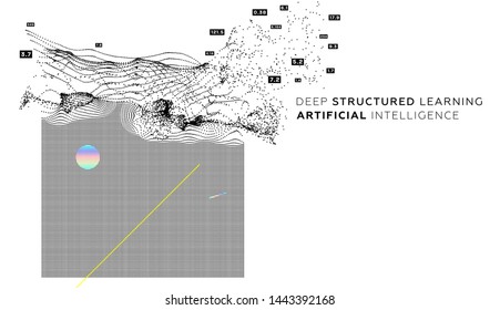 Quantum computing, deep learning artificial intelligence, signal cryptography infographic vector illustrations. Big data algorithms visualization for business, science presentations, posters, covers