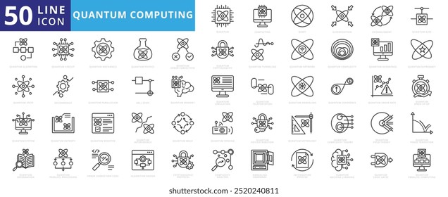 Quantum computing icon set with completing, qubit, superposition, entanglement, gate, algorithm, state, system, information and circuit.