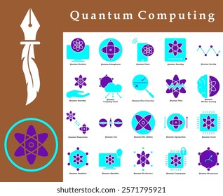 Quantum Computing icon set, with dark blue and light blue color styles, designed to depict quantum technology, quantum mechanics and modern computing applications.