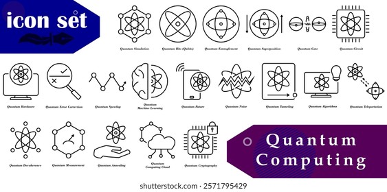 Quantum Computing icon set designed to depict quantum technology, quantum mechanics, and modern computing applications.