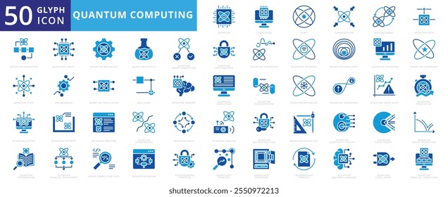 Ícone de computação quântica conjunto de rede, física, sistema, criptografia, memória, informação, algoritmo, simulação, portão, circuito, mecânica, aprendizagem de máquina, complexidade, teletransporte, metrologia, código