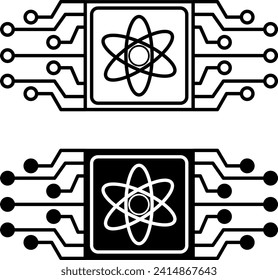 Quantum Computing Icons. Black and White Icon. Vector Illustration of Microchip and Atom Sign. Technology Concept