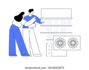 Computación cuántica ilustraciones aisladas de vectores de dibujos animados. Estudiantes trabajando con computadoras cuánticas, proceso educativo, haciendo investigación universitaria, superposición y enredo de dibujos vectores.