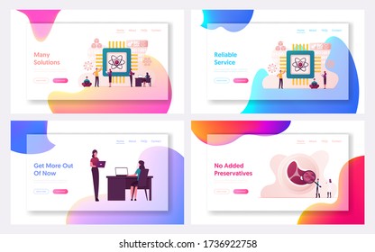 Quantum Computing Landing Page Template Set. Optical Technology, Photonics Research. Tiny Characters Engineers And Scientists Working With Quantum Computer Chip. Cartoon People Vector Illustration