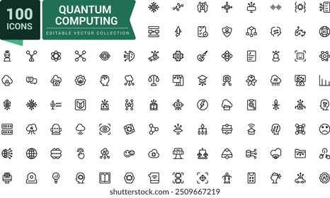 Quantum computing line icons set. Related to AI technology and possibilities, machine learning. Pixel perfect, minimalistic web and UI icon. Outline icon collections.