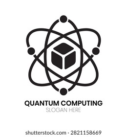 Quantum Computing logo presents a central cube within an atomic-style structure, symbolizing the intersection of fundamental physics and computational power. This precise, modern graphic is perfect for quantum information technology providers, advanced scientific research centers, high-performance computing firms, cryptographic software developers, complex mathematical engineering projects, or futuristic startups exploring the frontier of high-speed data processing capabilities.