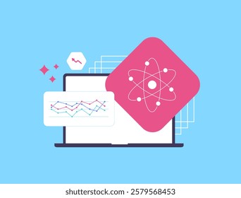 Quantum computing in marketing analytics. Illustration of quantum algorithms processing vast consumer data, enhancing predictive accuracy in marketing strategies. Flat vector illustration with icons