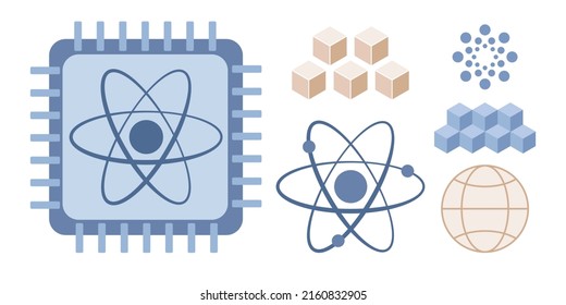 Quantum Computing Set Icon. Artificial Intelligence, Semiconductor Chip, Computer Science, Supercomputer, Future Technology. Vector Flat Illustration 