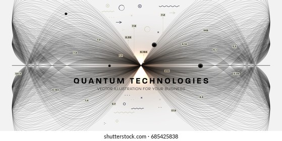 Quantum computing and signal cryptography trendy information technologies infographic vector illustrations. Big data algorithms visualization for business and science presentations posters and covers.