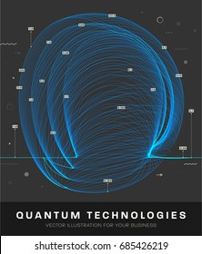 Quantum computing and signal cryptography trendy information technologies infographic vector illustrations. Big data algorithms visualization for business and science presentations posters and covers.
