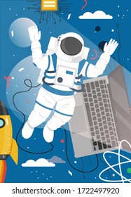 Quantum computing space exploration vector poster template. Astronaut connected to quantum computer. Future of space travel concept flat style design illustration.