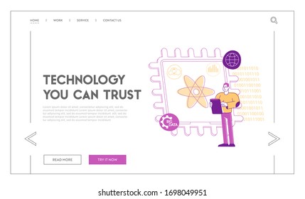 Quantum Computing or Supercomputing Landing Page Template. Computer Engineer Male Character Signing in Notebook Stand at Huge Microchip with Atom and Technology Symbols. Linear Vector Illustration
