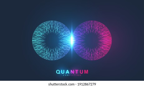 Quantum computing systems. Quantum physics. Deep learning artificial intelligence. Big data algorithms visualization, vector illustration