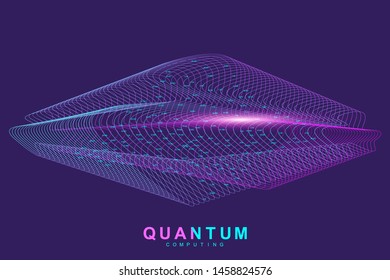 Quantum computing technology concept. Deep learning artificial intelligence. Big data algorithms visualization for business, science, technology. Waves flow, dots, lines. Quantum vector illustration.