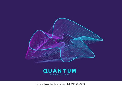 Quantum computing technology concept. Deep learning artificial intelligence. Big data algorithms visualization for business, science, technology. Waves flow, dots, lines. Quantum vector illustration.