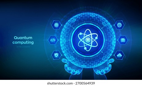 Conceito de tecnologia de computação quântica. Computação quântica inteligente qubit. Análise de dados. IA Inteligência artificial. Aprendizagem profunda. Esfera de grade hexagonal em mãos de arames. Ilustração vetorial.