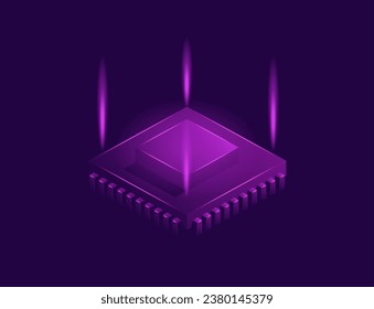 Quantum computing technology. Isometric fantastic cyber chip on dark purple background