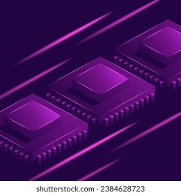 Tecnología de computación cuántica. Chiapas fantásticas isométricas sobre fondo morado oscuro