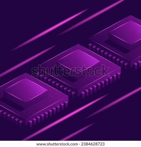 Quantum computing technology. Isometric fantastic chips on dark purple background