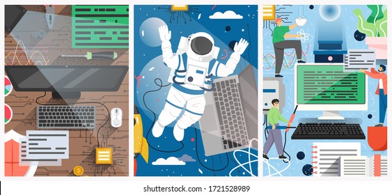 Quantum computing technology vector poster template set. Desktop with quantum computer, chip, shield. Quantum computing research, space exploration concept for flyer, banner etc.