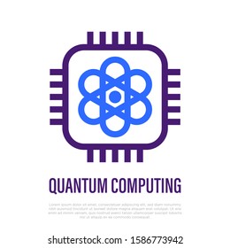 Quantum computing thin line icon. Model of atom in microchip. Deep learning, artificial intelligence. High tech. Vector illustration.