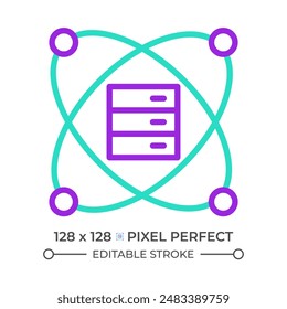 Icono de línea de dos colores de computación cuántica. Servidor de datos y símbolo de contorno bicolor atom. Minería de datos científicos. Big data. Pictograma lineal de duotono. Ilustración aislada Trazo editable