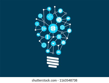 Quantum computing vector illustration as example for digital innovation. Icons arranged as light bulb