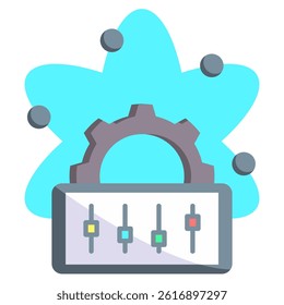 Quantum Control icon represented by atom, gear, control panel Flat style.