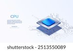 Quantum core computer chip banner. Futuristic ai CPU concept. Computer network with processor and circuit board. CPU isometric vector background.
