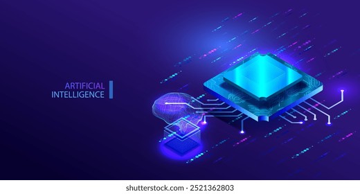 Anuncio de chip de computadora de núcleo cuántico. Concepto de CPU de aire futurista. Red informática con procesador, cerebro y placa de circuito. Fondo de Vector isométrico de CPU.