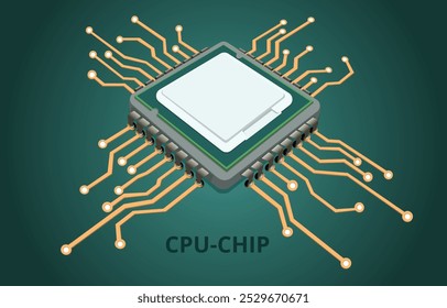 Anuncio de chip de computadora de núcleo cuántico. Concepto de CPU de aire futurista. Red informática con procesador y placa de circuito. Fondo de Vector isométrico de CPU.