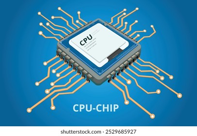 Anuncio de chip de computadora de núcleo cuántico. Concepto de CPU de aire futurista. Red informática con procesador y placa de circuito. Fondo de Vector isométrico de CPU.