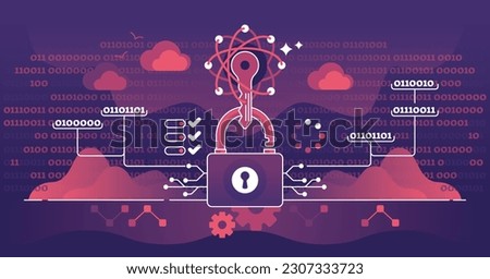 Quantum cryptography as advanced file protection system outline concept. Data safety protocol with difficult binary code lock and encryption method to make impossible to hack vector illustration.